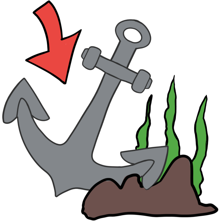 an anchor with a rock and seaweed. a red arrow points downwards at the anchor